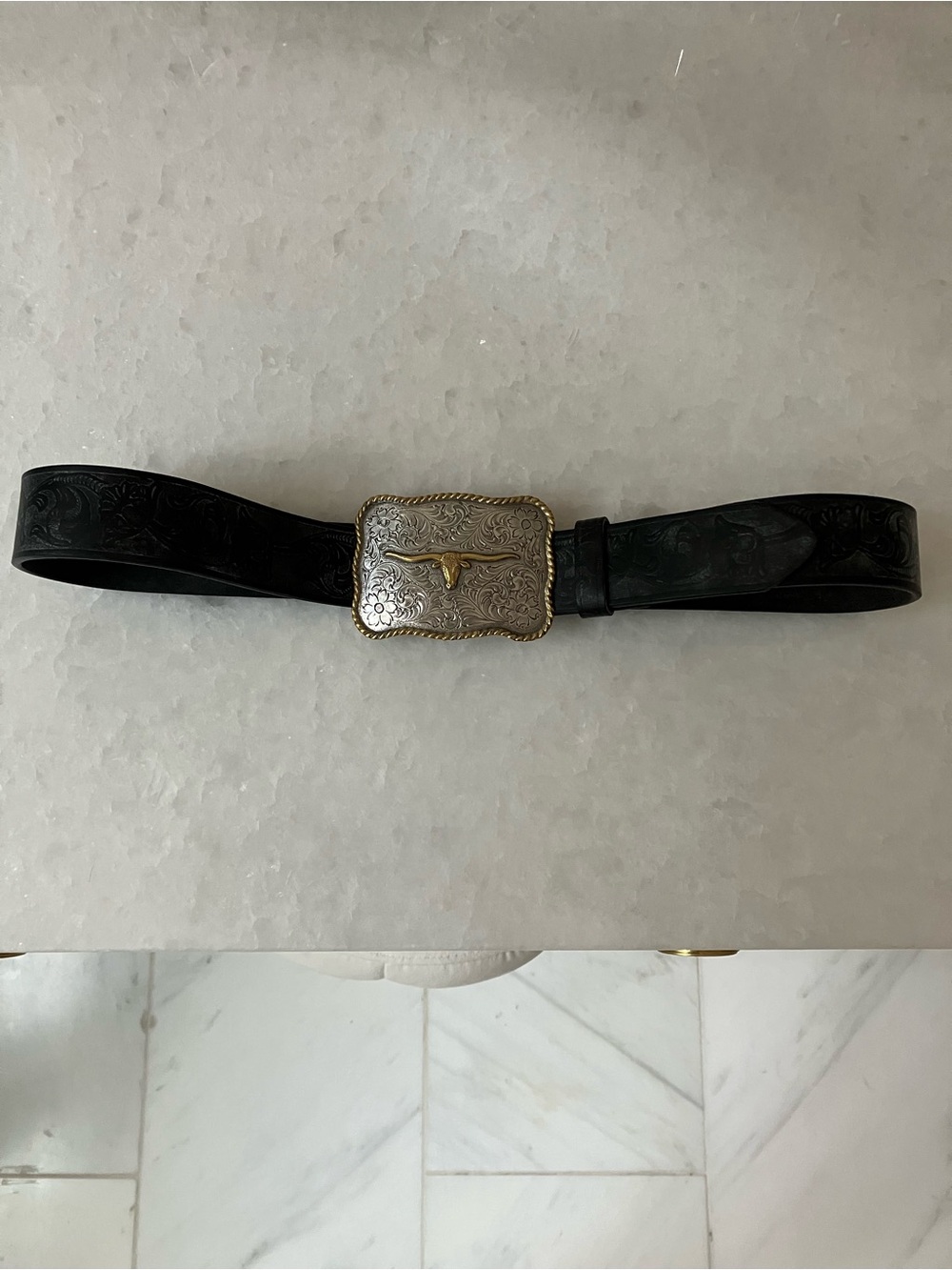 Western Tooled Leather Belt with Silver-Tone Longhorn Buckle - Black